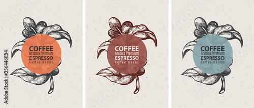 Coffee labels in retro style. Set of three vector labels for coffee beans with hand-drawn coffee sprig, coffee beans and the words Arabica premium, Espresso on an old paper background