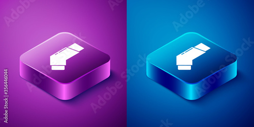 Isometric Inhaler icon isolated on blue and purple background. Breather for cough relief, inhalation, allergic patient. Square button. Vector Illustration.