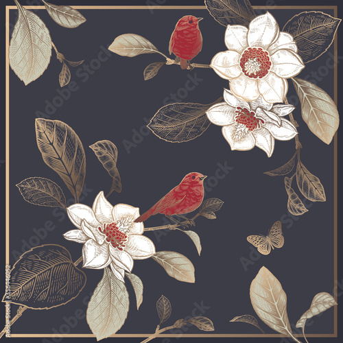 Magnolia tree branches, flowers, cute birds and butterfly. Floral pattern.