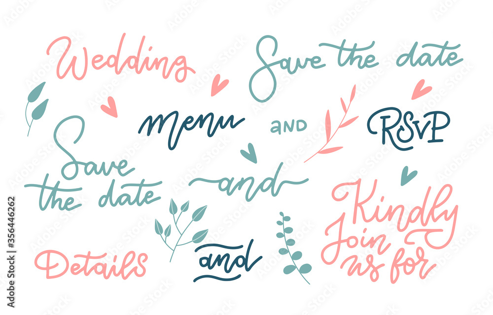 Beautiful wedding letttring set. Special phrases for cards decoration. Modern linear calligraphy script. Kindly join us for, Menu, Save the date.
