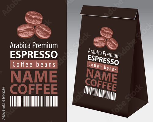 Paper packaging with a label for coffee beans. Vector coffee label with coffee beans, barcode, text and black paper 3d package with this label