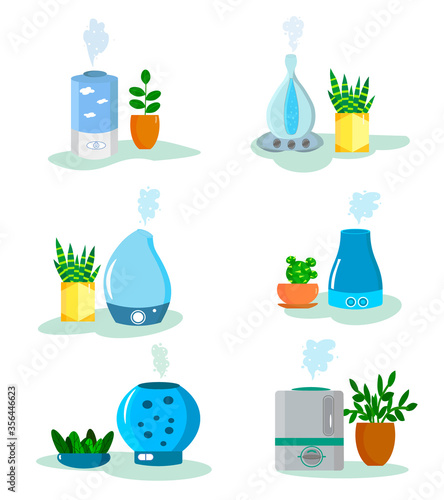 Climate cleaner air humidifier. Set icon. Flat vector illustration.