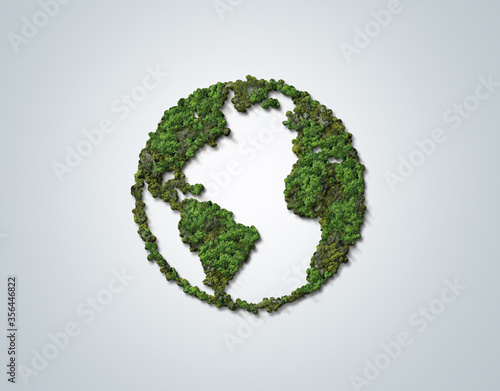 Green World Map- 3D tree or forest shape of world map isolated on white background. World Map Green Planet Earth Day or Environment day Concept. photo