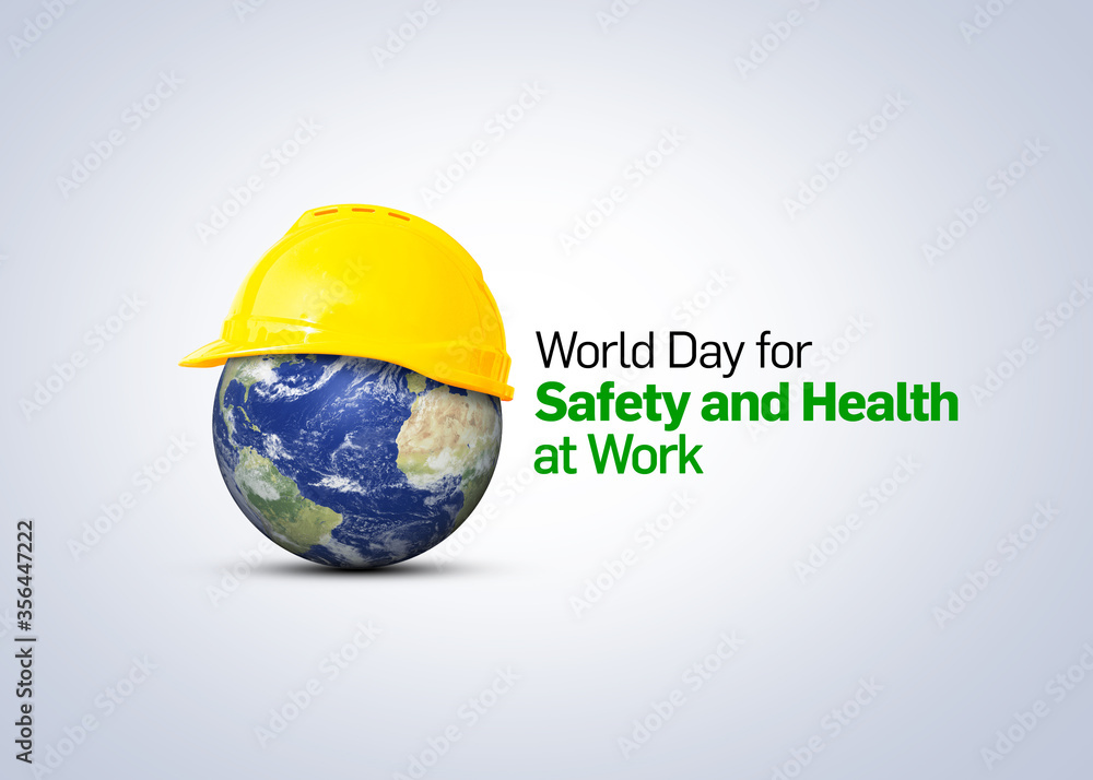 World Day for Safety and Health at Work concept.The planet Earth and the helmet symbol of safety and health at work place.  - obrazy, fototapety, plakaty 