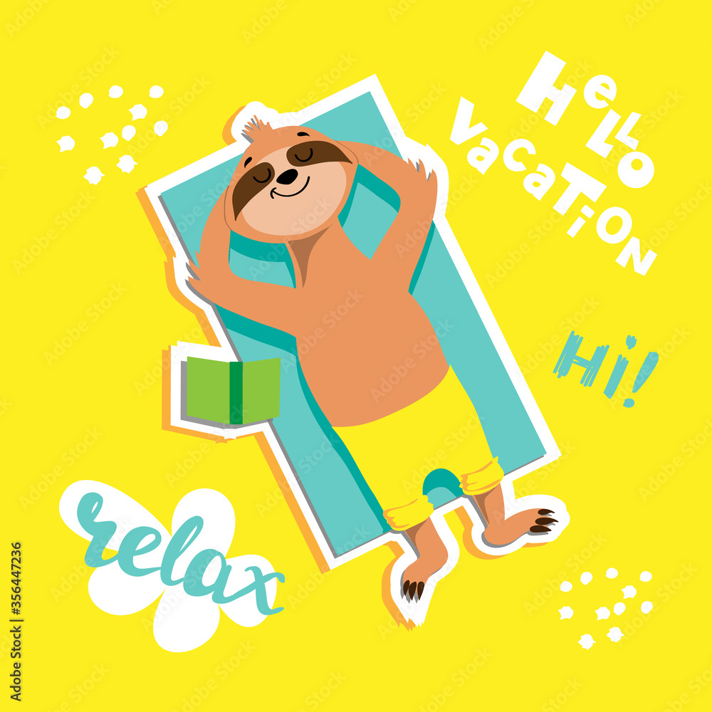 fashion patch badges with cute summer sloth on a white background. Vector illustration. Vacation Travel Concept. Flat style fashion patch badges with cute summer sloth on a white background. Vector illustration. Vacation Travel Concept. Flat style