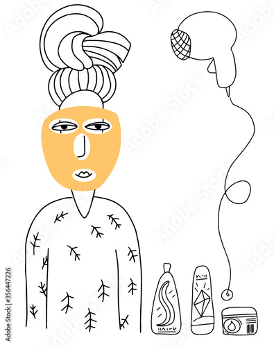 Woman applying mask sheet and take care for hair and face doodle sketch vector illustration 