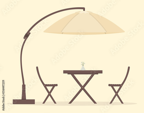Concept of coffee time: wooden garden furniture or a set of furniture for the balcony: folding table with vase with snowdrops, chairs and beige sun protection umbrella.Vector flat cartoon illustration