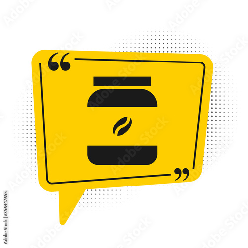 Black Coffee jar bottle icon isolated on white background. Yellow speech bubble symbol. Vector Illustration.