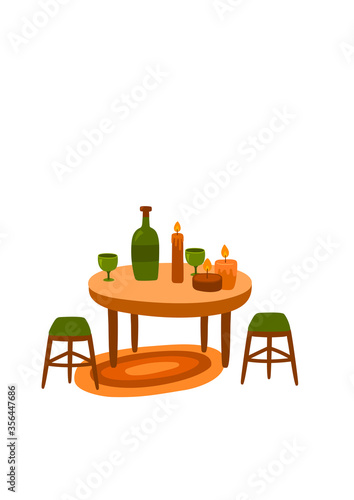 Scandinavian room interior vector illustration. Table with wine for two. Romantic hand-drawn furniture set. Isolated on white.