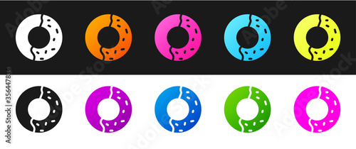 Set Donut with sweet glaze icon isolated on black and white background. Vector Illustration.