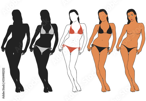 Vector silhouettes of bikini woman in black and color style. Icons of beautiful slim girl isolated on white background. Lady profiles.