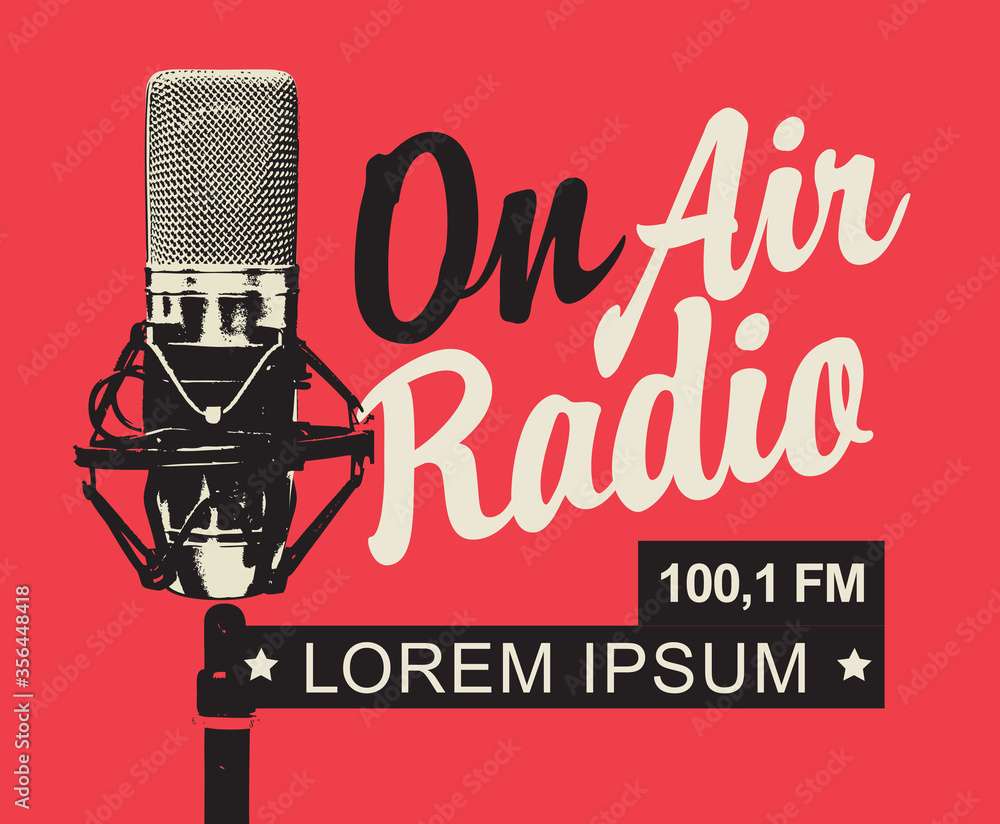 On air Radio broadcasting FM concept. Vector banner for radio station with  a microphone, inscription and place for text on the red background in retro  style. Suitable for poster, advertising, flyer vector