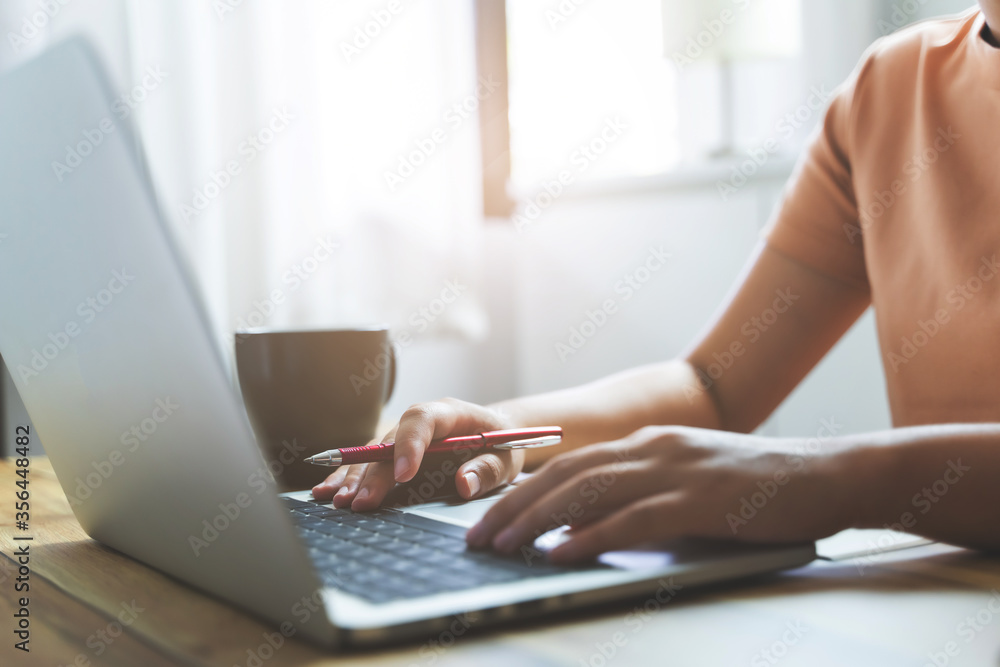 Fototapeta premium close up woman studying online with laptop, Working from home.