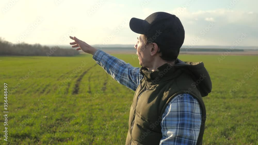 man worker farmer red a neck in cap is walking a lifestyle on green field. spring harvest agriculture concept. male walks on winter wheat green inspects the crop man worker farmer red a neck in cap is walking a lifestyle on green field. spring harvest agriculture concept. male walks on winter wheat green inspects the crop