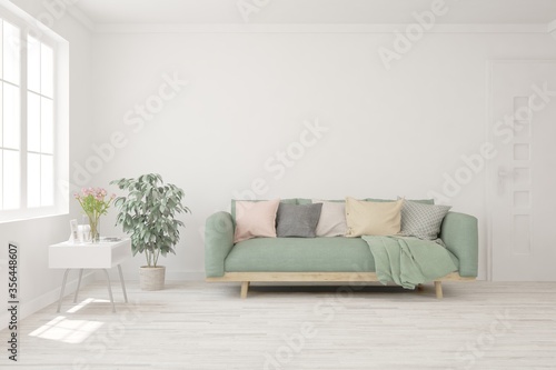 White living room with sofa. Scandinavian interior design. 3D illustration