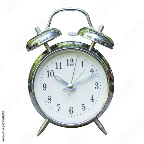 Silver vintage alarm clock isolated on white background with clipping path.