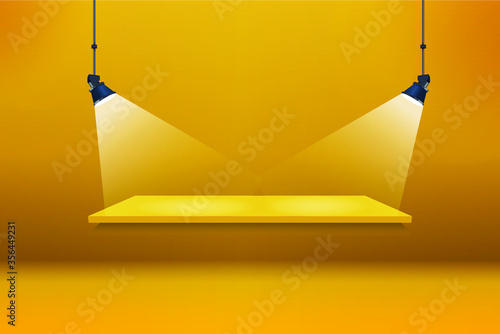 Orange color Studio  vector background with lights and stand. Product shoot background template.