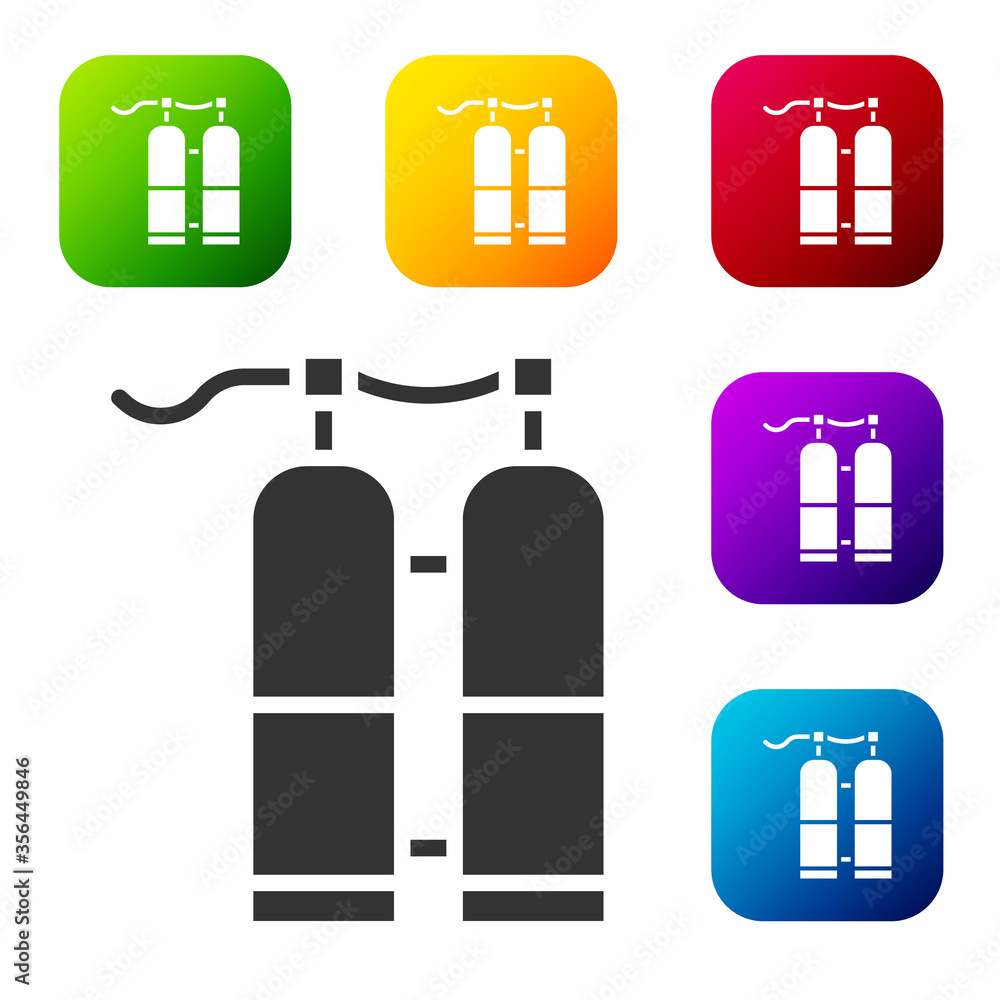 Black Aqualung icon isolated on white background. Oxygen tank for diver. Diving equipment. Extreme sport. Sport equipment. Set icons in color square buttons. Vector Illustration. Black Aqualung icon isolated on white background. Oxygen tank for diver. Diving equipment. Extreme sport. Sport equipment. Set icons in color square buttons. Vector Illustration.