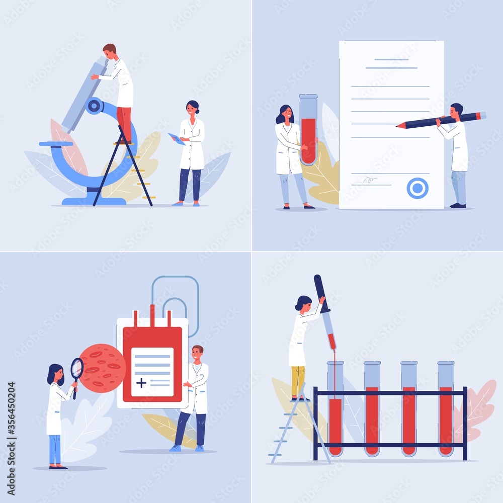 Blood test analysis by laboratory workers - cartoon poster set Blood test analysis by laboratory workers - cartoon poster set