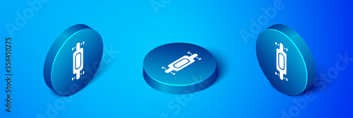 Isometric Longboard or skateboard cruiser icon isolated on blue background. Extreme sport. Sport equipment. Blue circle button. Vector Illustration.