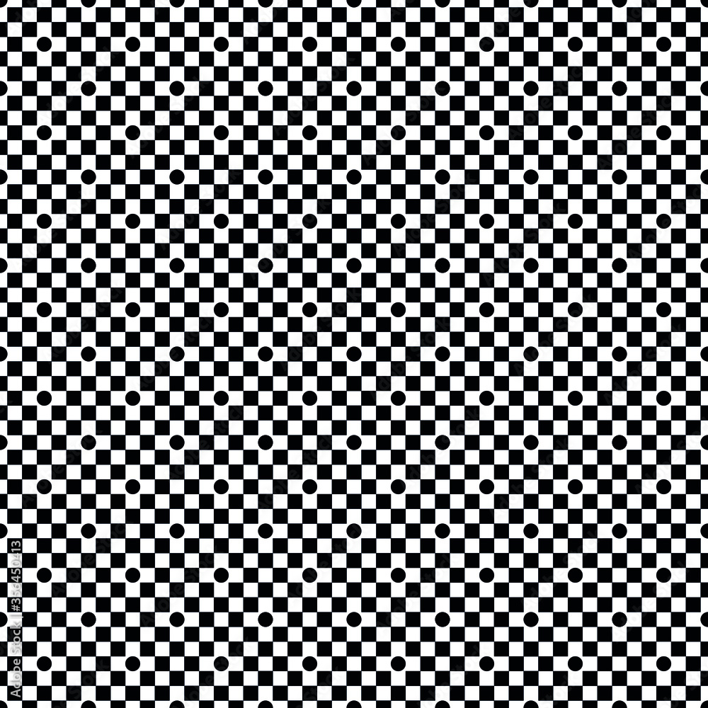 Checkers black pattern with circles on white seamless background.