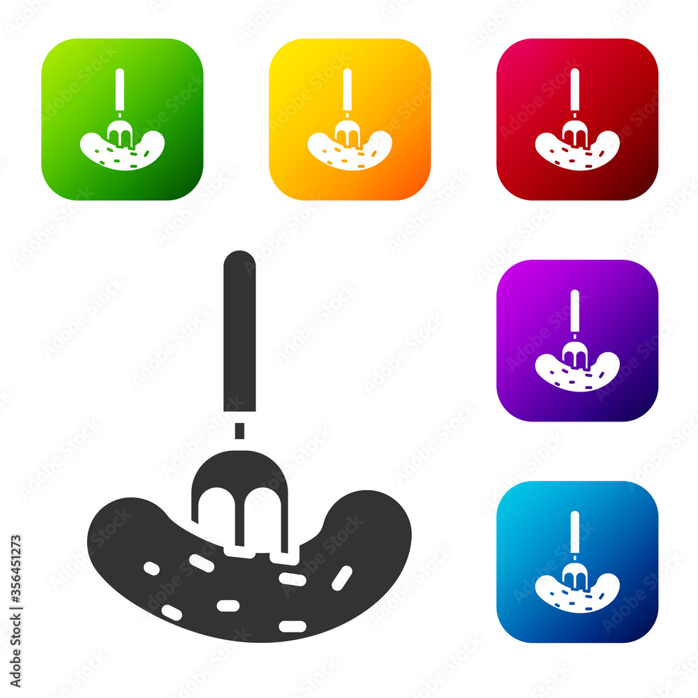 Black Pickled cucumber on a fork icon isolated on white background. Set icons in color square buttons. Vector Illustration. Black Pickled cucumber on a fork icon isolated on white background. Set icons in color square buttons. Vector Illustration.