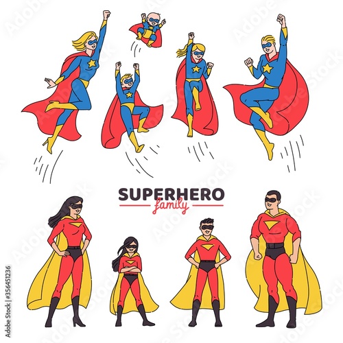 Superhero family in two costumes of heroes sketch vector illustration isolated.