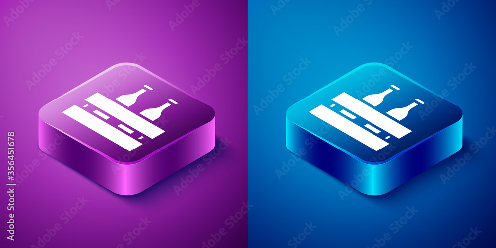 Isometric Pack of beer bottles icon isolated on blue and purple background. Wooden box and beer bottles. Case crate beer box sign. Square button. Vector Illustration. Isometric Pack of beer bottles icon isolated on blue and purple background. Wooden box and beer bottles. Case crate beer box sign. Square button. Vector Illustration.