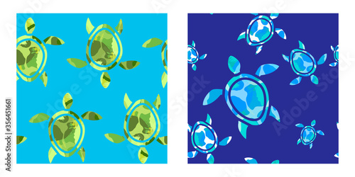 set of two seamless patterns of sea and tropical turtles with texture effect. abstract silhouette of turtles. Modern design for packaging, paper, cover, fabric. print for clothes