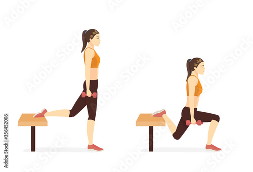 Sport woman doing the Bulgarian Split Squat with Bench and dumbbell in 2 steps. Fitness diagram about a very challenging workout with exercise equipment.