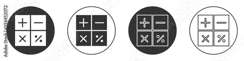 Black Calculator icon isolated on white background. Accounting symbol. Business calculations mathematics education and finance. Circle button. Vector Illustration.