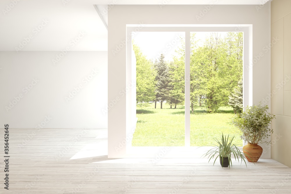 White empty room with summer landscape in window. Scandinavian interior design. 3D illustration White empty room with summer landscape in window. Scandinavian interior design. 3D illustration