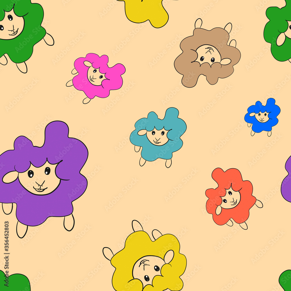 seamless pattern with colorful funny animals on beige background. Colorful cute doodle sheep. print, packaging, wallpaper, textile, fabric, kids, stationery design seamless pattern with colorful funny animals on beige background. Colorful cute doodle sheep. print, packaging, wallpaper, textile, fabric, kids, stationery design