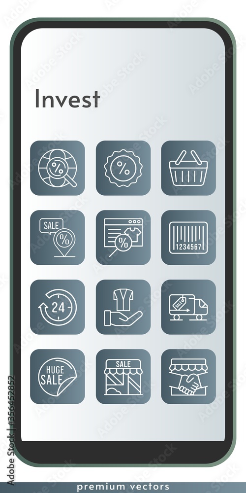 invest icon set. included handshake, online shop, 24-hours, sale, shop, discount, jacket, placeholder, delivery truck internet, shopping basket icons on phone design background . linear styles. invest icon set. included handshake, online shop, 24-hours, sale, shop, discount, jacket, placeholder, delivery truck internet, shopping basket icons on phone design background . linear styles.