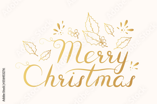 Hand drawn gold Merry Christmas border with holly leaves and berries. Festive holiday banner. Vector isolated winter golden background with calligraphic lettering.