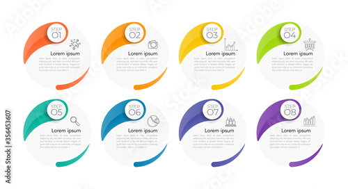 Art & Illustration, Modern infographics business design with 8 option concepts, parts, steps or processes can be used for workflow layout, diagram, number options, web design. infographic element.