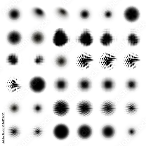 36 Halftone Circle BIG Set. Popart grange clipart. Abstract round halftone circle vector. Artistic artwork design of halftone circle dots on white background vector set.
