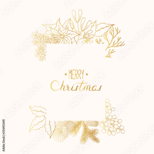 Merry Christmas golden border with calligraphy lettering, holly, mistletoe, coniferous, pine, fir branches. Holiday frame for invitation card. Vector isolated festive flourish background for xmas.