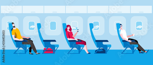 People sit on the plane. Vector illustration in flat style. Traveling by plane during a pandemic.