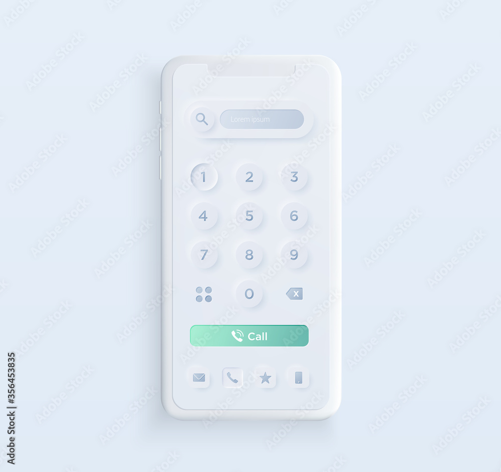 Realistic white clay style smartphone illustration with dial pad elements. Template for presentation of UI design interface or infographics. Vector cellphone mockup for UX design concept. Realistic white clay style smartphone illustration with dial pad elements. Template for presentation of UI design interface or infographics. Vector cellphone mockup for UX design concept.