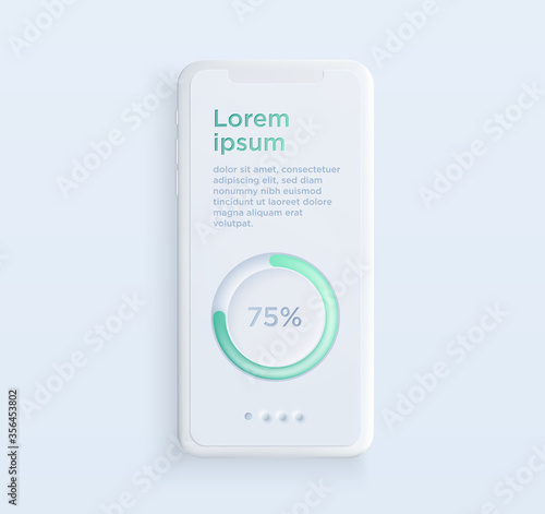 Realistic white clay style smartphone illustration with User Interface elements. Template for presentation of UI design interface or infographics. Vector cellphone mockup with charger.