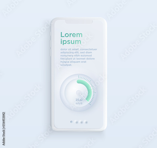 Realistic white clay style smartphone illustration with speedometer. Template for presentation of UI design interface or infographics. Vector cellphone mockup for UX design concept.