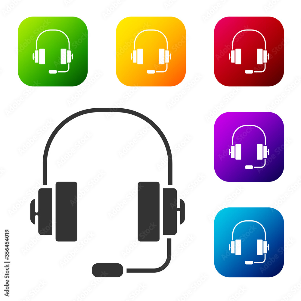 Black Headphones icon isolated on white background. Support customer service, hotline, call center, faq, maintenance. Set icons in color square buttons. Vector Illustration. Black Headphones icon isolated on white background. Support customer service, hotline, call center, faq, maintenance. Set icons in color square buttons. Vector Illustration.