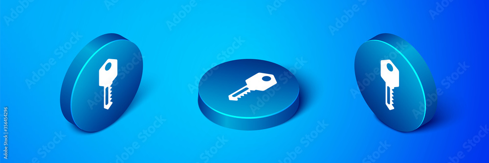 Isometric House key icon isolated on blue background. Blue circle button. Vector Illustration. Isometric House key icon isolated on blue background. Blue circle button. Vector Illustration.