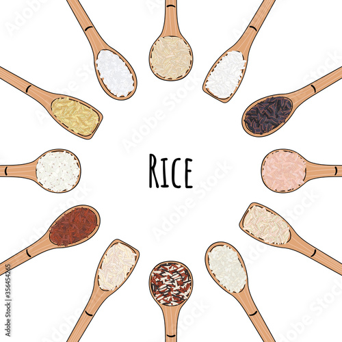 Set of spoons with rice. Top view. Round frame