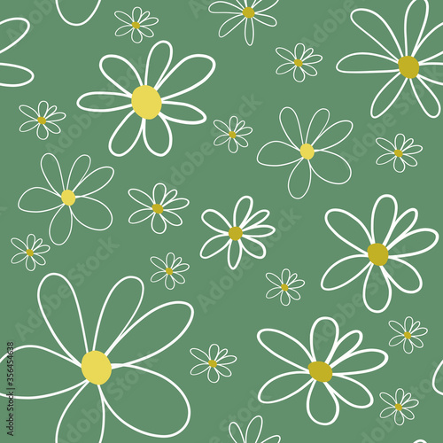 seamless pattern with doodle hand drawing white camomiles on green background. daisy print. Linen, kids, packaging, wallpaper, textile, fabric design