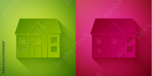 Paper cut House icon isolated on green and pink background. Home symbol. Paper art style. Vector Illustration.