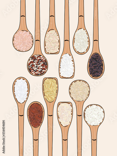 Set of spoons with rice. Top view.