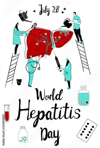People in medical clothes protecting human liver.World hepatitis day 28th July greeting card.Hand drawn vector illustration stop hepatitis with doctors vaccinate, treat cirrhosis liver, doodle pills