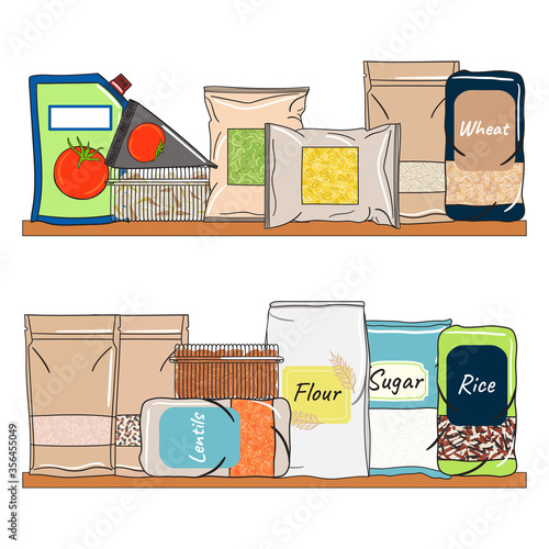 Set of packs of cereals, grains, nuts on shelf for kitchen storage